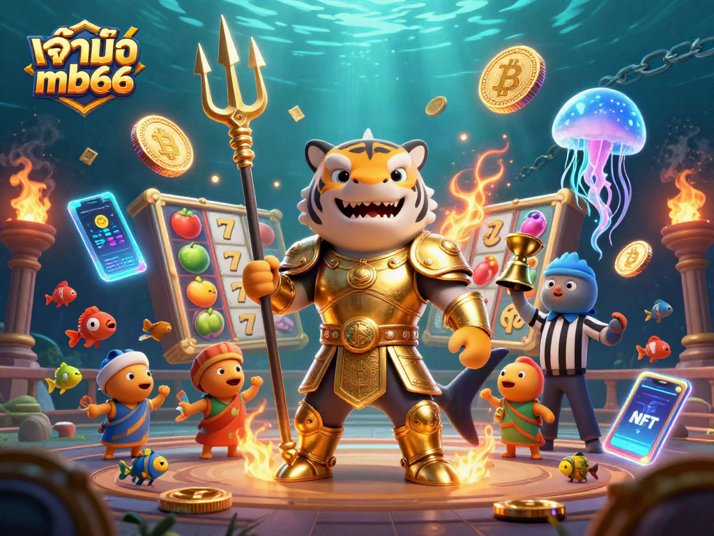 Engage with เจ้ามือ mb66 in an underwater colosseum featuring vibrant slot reels and crypto-themed symbols.
