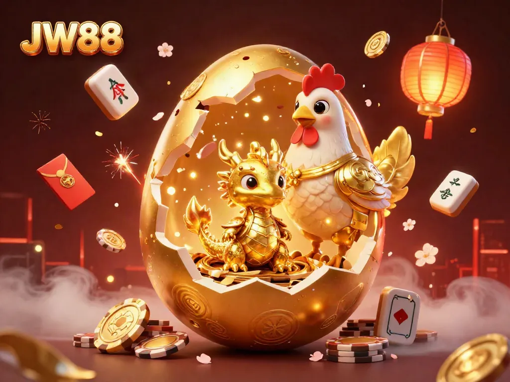 Experience thrilling moments at JW88 casino with a golden dragon, poker chips, and festive elements.