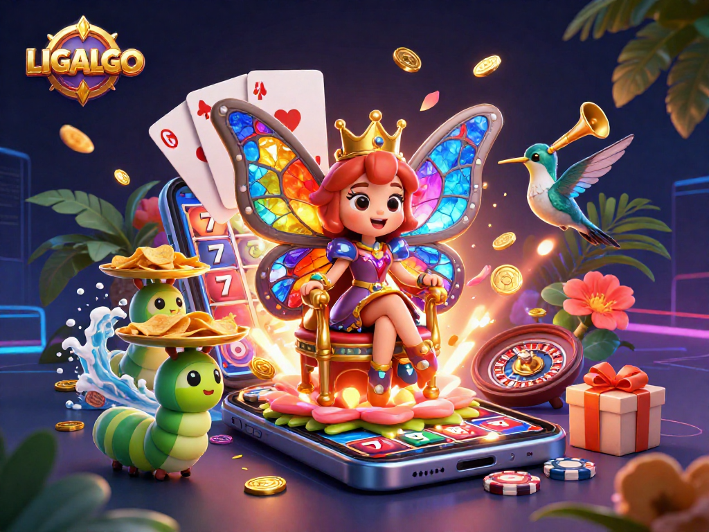 LIGALGO offers a vibrant gaming experience with colorful slot reels and dynamic casino motifs featuring a butterfly queen.