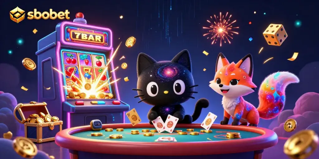 SBOBET's vibrant cosmic casino scene with a black hole cat and a galaxy fox amidst flying gaming elements.
