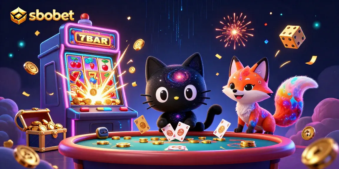 SBOBET's vibrant cosmic casino scene with a black hole cat and a galaxy fox amidst flying gaming elements.