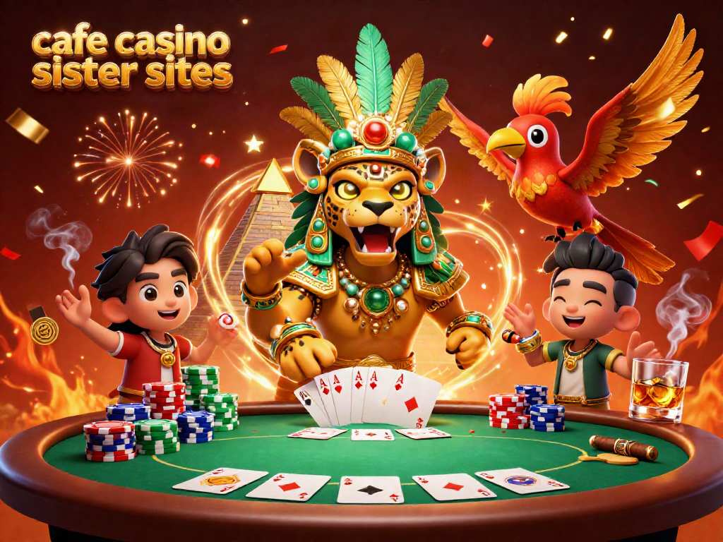Engage in exciting play at cafe casino sister sites with vibrant characters, poker elements, and a festive atmosphere.