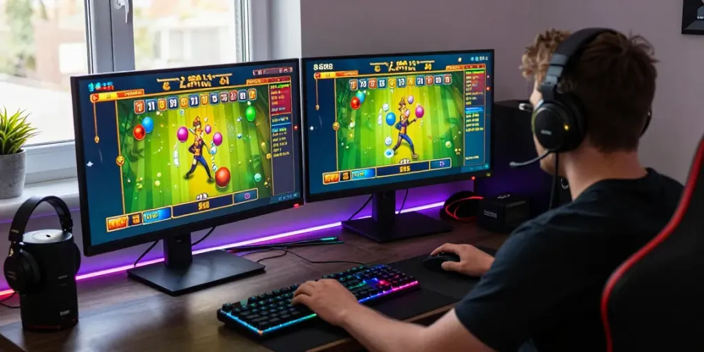 Pemain jagototo bersemangat menikmati permainan togel online di meja komputer modern dengan grafik cerah.