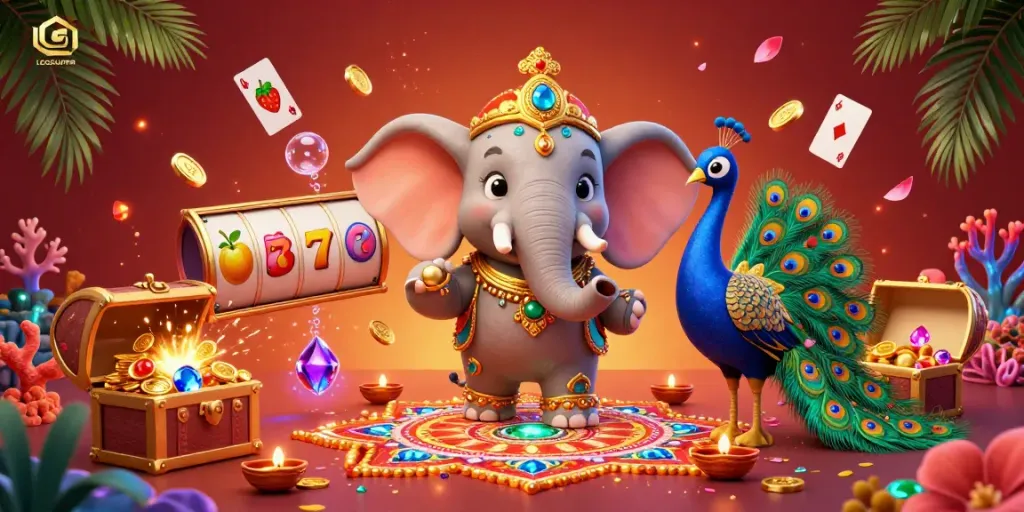 Experience LGOSUPER with captivating slot games in this vibrant 3D casino illustration.