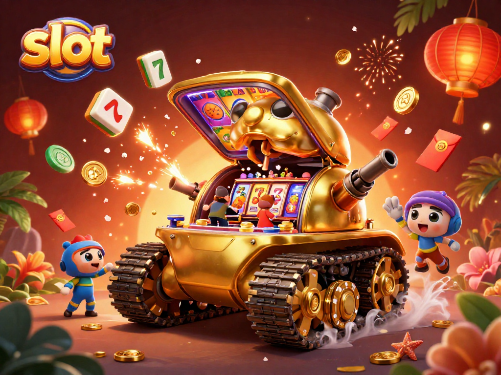 Memainkan slot dengan berbagai simbol beruntung dalam ilustrasi kasino yang penuh warna.