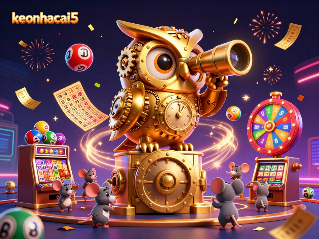 Engage in excitement with keonhacai5 as a golden owl surveys a rich casino scene filled with lively elements.