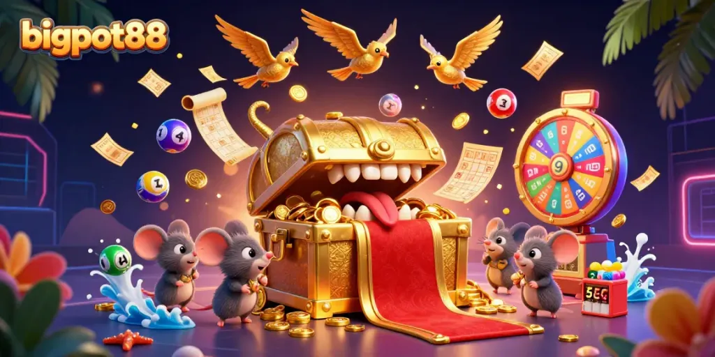Engage with the bigpot88 treasure theme while admiring a vibrant 3D casino scene.